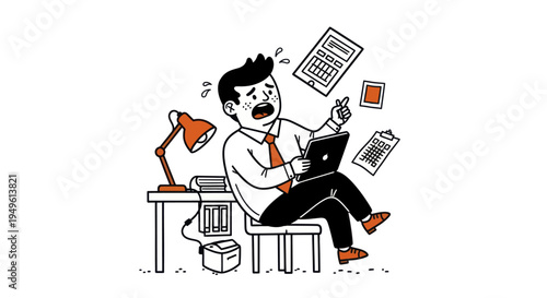 Stressed businessman overwhelmed by work and deadlines at his office desk.