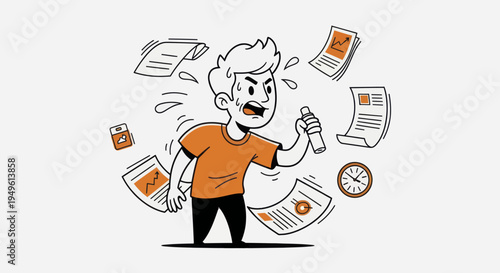 Stressed Man Juggling Documents and Tasks in a Chaotic Work Environment.