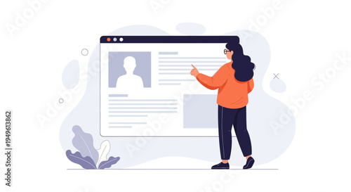 Woman Interacting with Digital Profile Interface on Screen, Online CV Concept