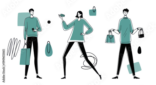 Stylish shoppers with bags and wallets enjoying a retail therapy experience.