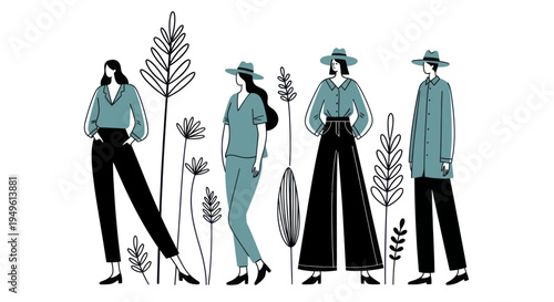 Stylish Women in Hats and Wide-Leg Pants with Botanical Elements.