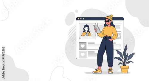 Woman Browsing Social Media Feed on Tablet, Online Profile Page, Digital Lifestyle