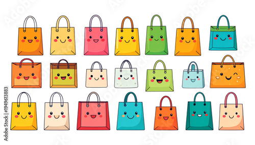 A collection of colorful shopping bag illustrations featuring happy cartoon faces in various styles Vector