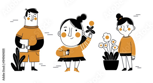 Three diverse cartoon characters in orange and black outfits, one holding a book, one holding flowers, and one standing next to a potted plant.