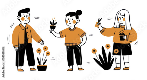 Three diverse individuals engaging in plant care and gardening activities.