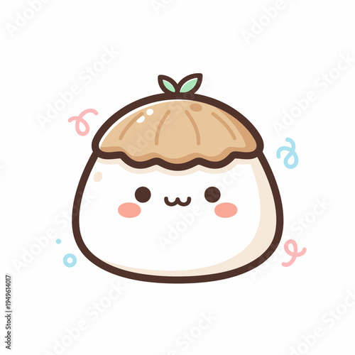 Adorable Steamed Bun Character with Cute Face and Leaf Topping, Whimsical Cartoon Illustration