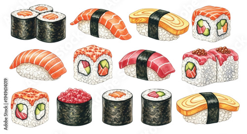 Watercolor Sushi Set Collection, Japanese Sushi Rolls and Nigiri Food Illustration Isolated