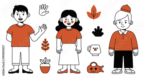 Three diverse individuals in autumn attire with fall-themed elements.