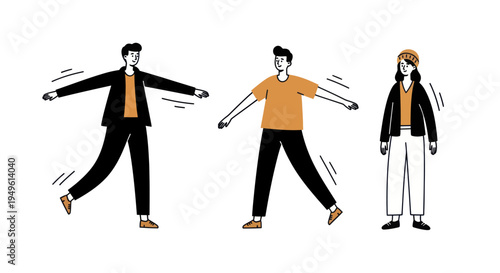 Three diverse individuals performing dynamic arm and leg exercises.