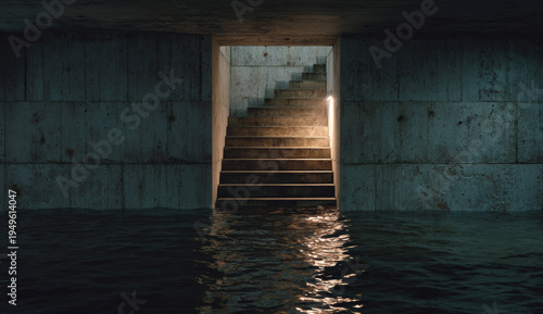 Concrete basement staircase submerged in dark water with rough textured walls and a small opening at the top allowing light to enter
