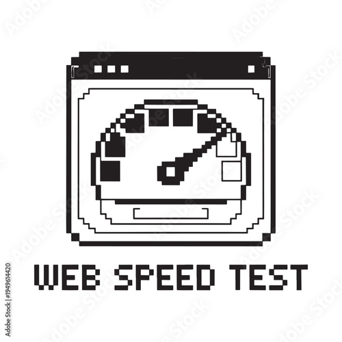 Pixelated speedometer icon with text indicating a web speed test