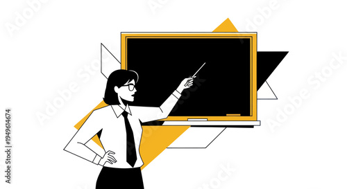 Woman pointing at chalkboard with pointer