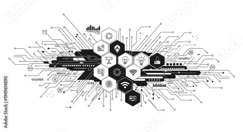 Abstract circuit board design with interconnected hexagons and digital icons