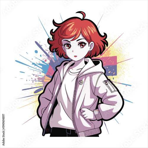 Stylish anime girl in red jacket and teal hoodie vector illustration

Young woman with red short hair in urban streetwear anime style,Modern anime character portrait with colorful brush stroke backgr.