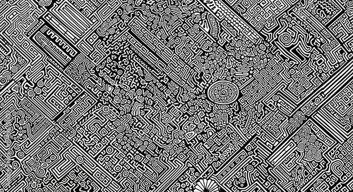 Intricate black and white abstract pattern resembling a circuit board