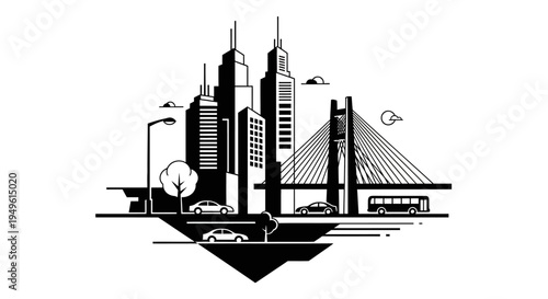 Black and white cityscape illustration featuring buildings bridge and vehicles