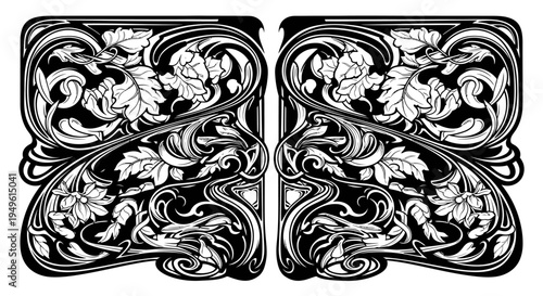 Elegant floral art nouveau design in black and white for decorative purposes