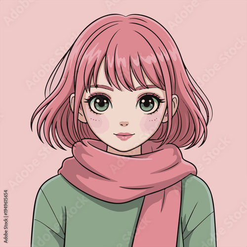 Stylish anime girl in red jacket and teal hoodie vector illustration

Young woman with red short hair in urban streetwear anime style,Modern anime character portrait with colorful brush stroke backgr.