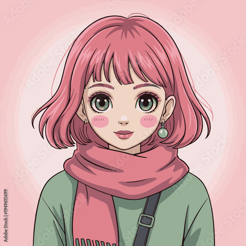 Stylish anime girl in red jacket and teal hoodie vector illustration

Young woman with red short hair in urban streetwear anime style,Modern anime character portrait with colorful brush stroke backgr.