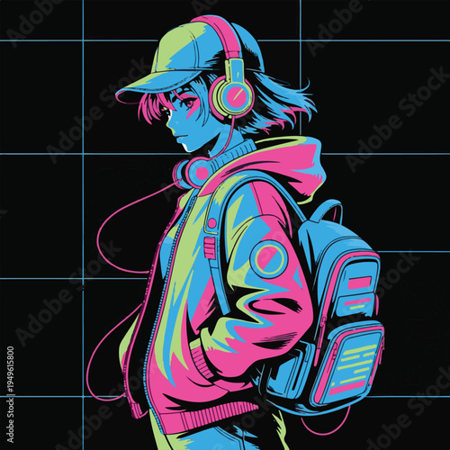 Stylish anime girl in red jacket and teal hoodie vector illustration,Young woman with red short hair in urban streetwear anime style,Modern anime character portrait with colorful brush stroke backgr.