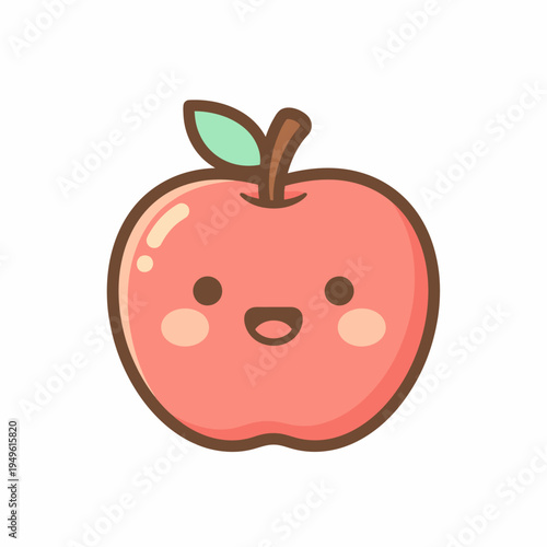 Cute cartoon apple character with a smiling face and a leaf on top, isolated on a white background, perfect for food or healthy lifestyle illustrations