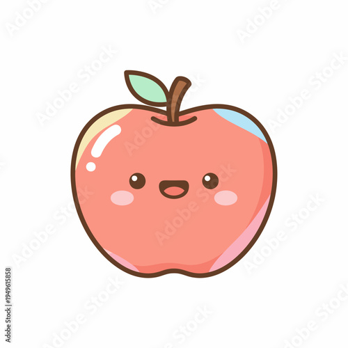 Adorable Kawaii Apple Character Illustration, Happy Fruit with Smiling Face and Cute Eyes, Perfect for Food and Beverage Branding