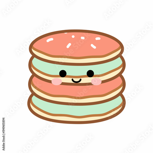 Cute kawaii macaron stack with a happy smiling face and rosy cheeks on a white background