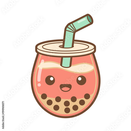 Adorable Kawaii Boba Tea Cartoon with Straw and Tapioca Pearls, a Cute and Fun Drink Illustration