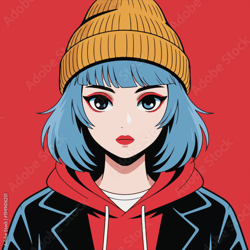 Stylish anime girl in red jacket and teal hoodie vector illustration,Young woman with red short hair in urban streetwear anime style,Modern anime character portrait with colorful brush stroke backgr.