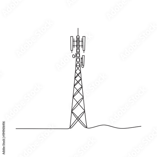 A continuous line drawing depicting a tall cellular communication tower