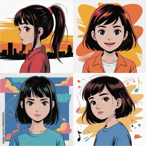 Stylish anime girl in red jacket and teal hoodie vector illustration,Young woman with red short hair in urban streetwear anime style,Modern anime character portrait with colorful brush stroke backgr.