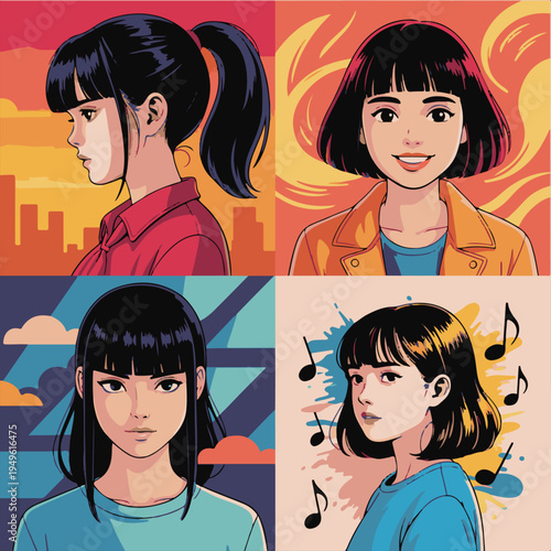 Stylish anime girl in red jacket and teal hoodie vector illustration,Young woman with red short hair in urban streetwear anime style,Modern anime character portrait with colorful brush stroke backgr.