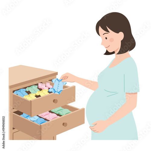Simple illustration vector of pregnant woman illustration of pregnant woman preparing baby clothes in a drawer