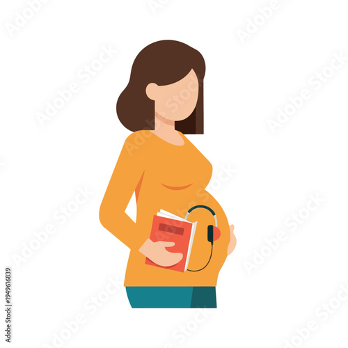 Simple illustration vector of pregnant woman illustration of pregnant woman holding book and stethoscope to her belly in orange shirt