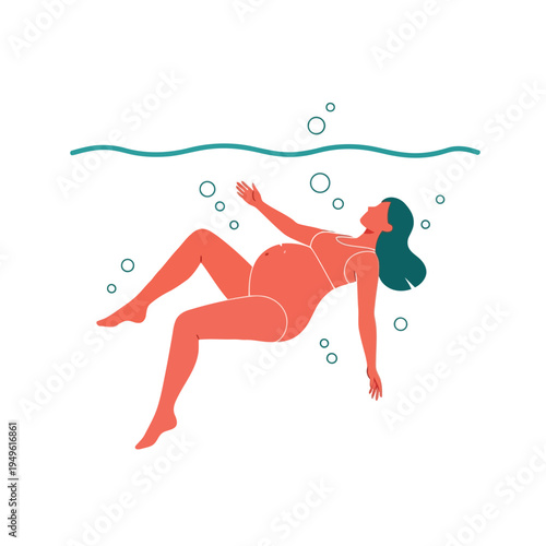 Simple illustration vector of pregnant woman illustration of woman swimming underwater with bubbles rising to the surface slowly