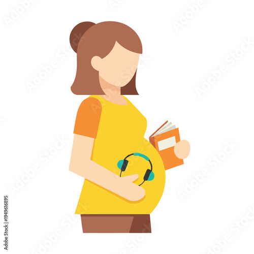 Simple illustration vector of pregnant woman illustration of pregnant woman wearing headphones and reading a book happily