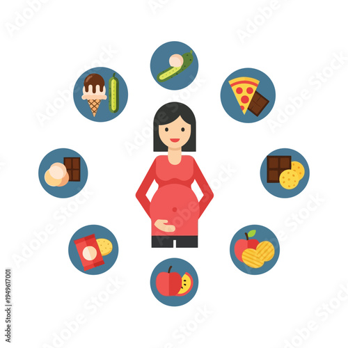 Simple illustration vector of pregnant woman illustration of pregnant woman surrounded by food icons representing healthy eating during pregnancy