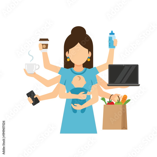 Simple illustration vector of pregnant woman illustration of multitasking mom with baby and various daily tasks