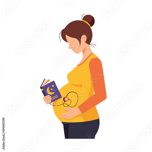 Simple illustration vector of pregnant woman illustration of pregnant woman listening to babys heartbeat with stethoscope and book