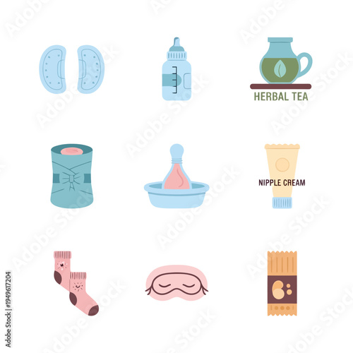 Simple illustration vector of pregnant woman illustration of baby care icons including bottle, pacifier, and herbal tea