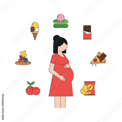 Simple illustration vector of pregnant woman illustration of pregnant woman surrounded by various food icons craving junk food