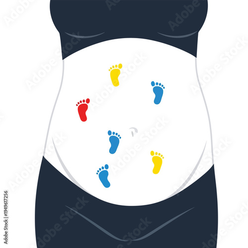 Simple illustration vector of pregnant woman illustration of pregnant belly with colorful baby footprints