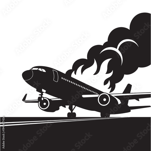 A black and white illustration of an airplane experiencing engine failure