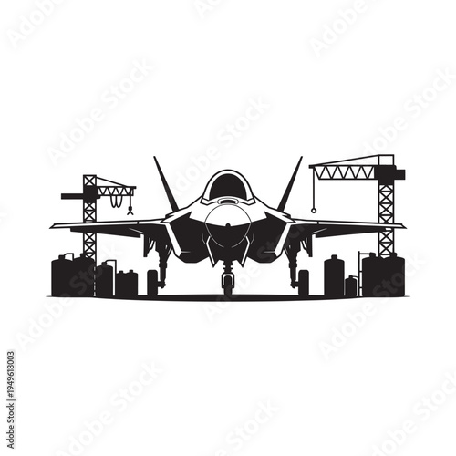A black and white illustration of a fighter jet with construction cranes