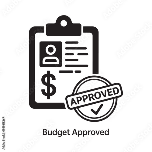 A black and white clipboard icon with an approved budget stamp