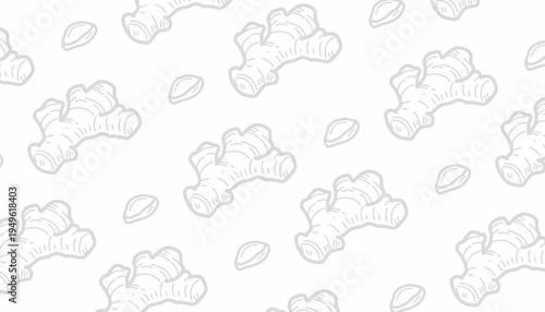 Doodle Ginger Pattern. Ginger Root seamless pattern. Hand Drawn Botanical Rhizome Illustration. Vintage Monochrome Spice Doodle. Repeating Culinary Ingredient Background. 