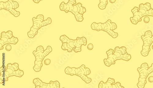 Doodle Ginger Pattern. Ginger Root seamless pattern. Hand Drawn Botanical Rhizome Illustration. Vintage Monochrome Spice Doodle. Repeating Culinary Ingredient Background. 