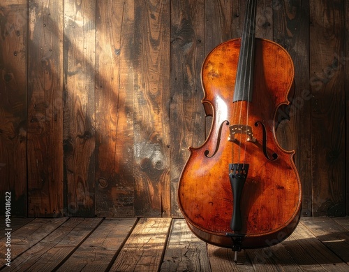 A beautifully crafted cello rests against a rustic wooden wall, bathed in dramatic sunlight.