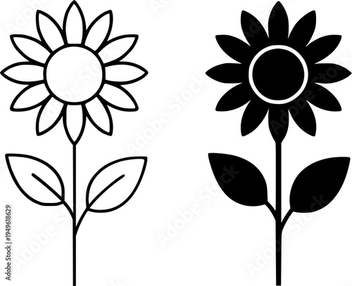 Sunflower illustration icon, outline and silhouette, for plant or nature design