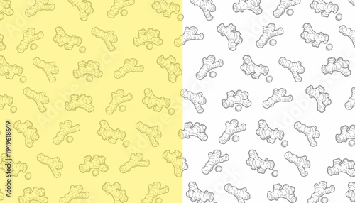 Doodle Ginger Pattern. Ginger Root seamless pattern. Hand Drawn Botanical Rhizome Illustration. Vintage Monochrome Spice Doodle. Repeating Culinary Ingredient Background. 